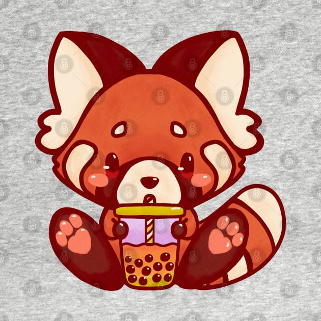 Red fox bubble tea kawaii cute adorable chibi hand painted by astronauticarte